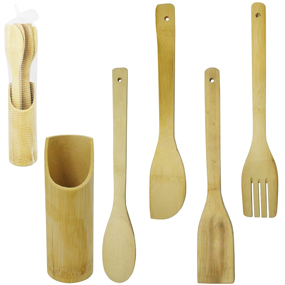Kit Colher De Pau Utensílios Em Bambu 5 (4 talheres + suporte) Peças Anti Fungos Casa Cozinha Colheres - Envio Imediato