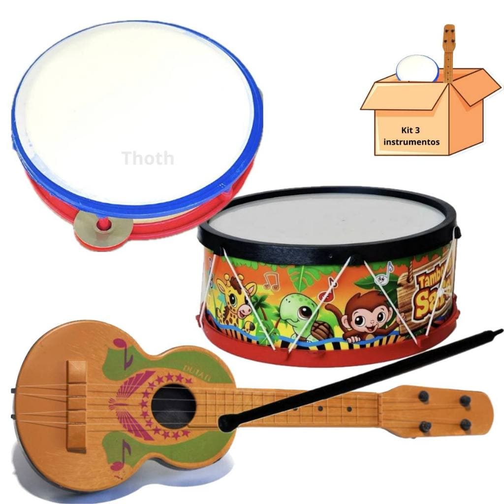 Kit 3 Instrumentos Infantis Viola Tambor Pandeiro Brinquedo Musical Violinha Menino Menina