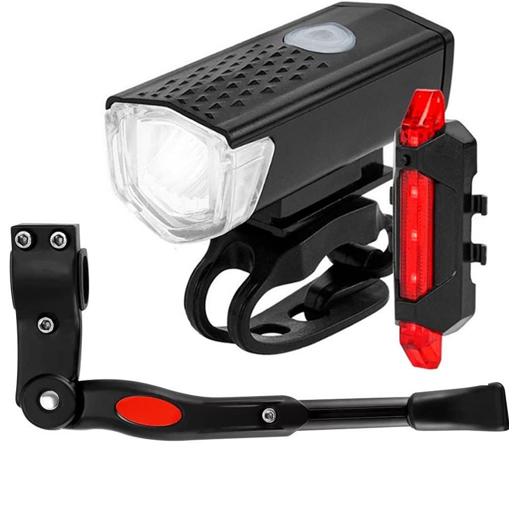 Kit Farol Lanterna para bike + Sinalizador Traseiro Bike Recarregável + Descanso Pezinho Lateral Com Regulagem 20/24/26/29