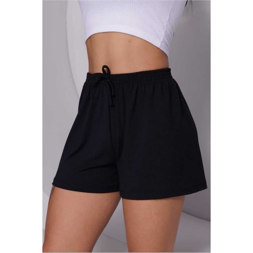 Short Feminino Canelado Preto Verde Agua