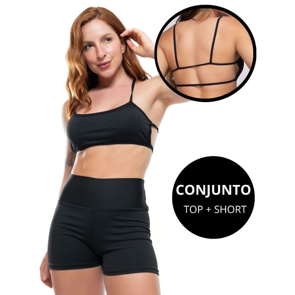 Conjunto Fitness Academia  Top Faixa Cropped Costa Nua + Short Curto Suplex Malha Ginástica Cintura Alta