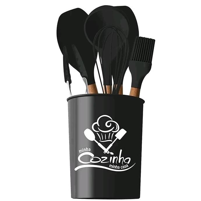Conjunto 7 Peças Utensílios De Silicone Com Cabo de Madeira Preto