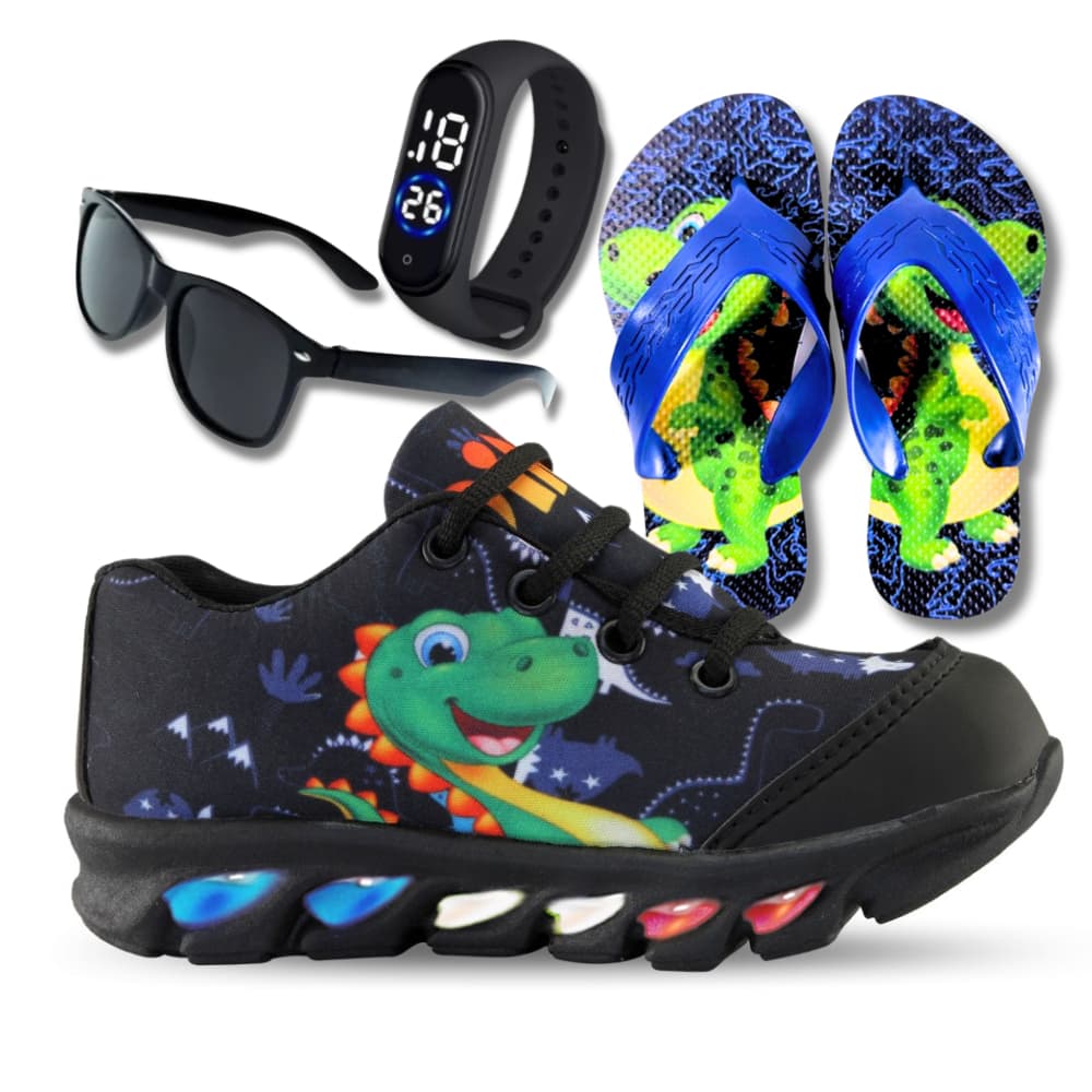 Kit Tenis de Led Infantil Masculino Dino Dinossauro + Chinelo,Relógio e Óculos presente dia das crianças