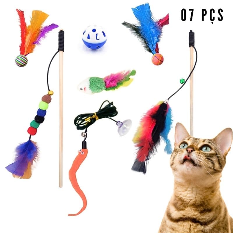 Brinquedo para gato,kit 07 pçs varinha,ratinho, cobrinha,bolinha de gatos