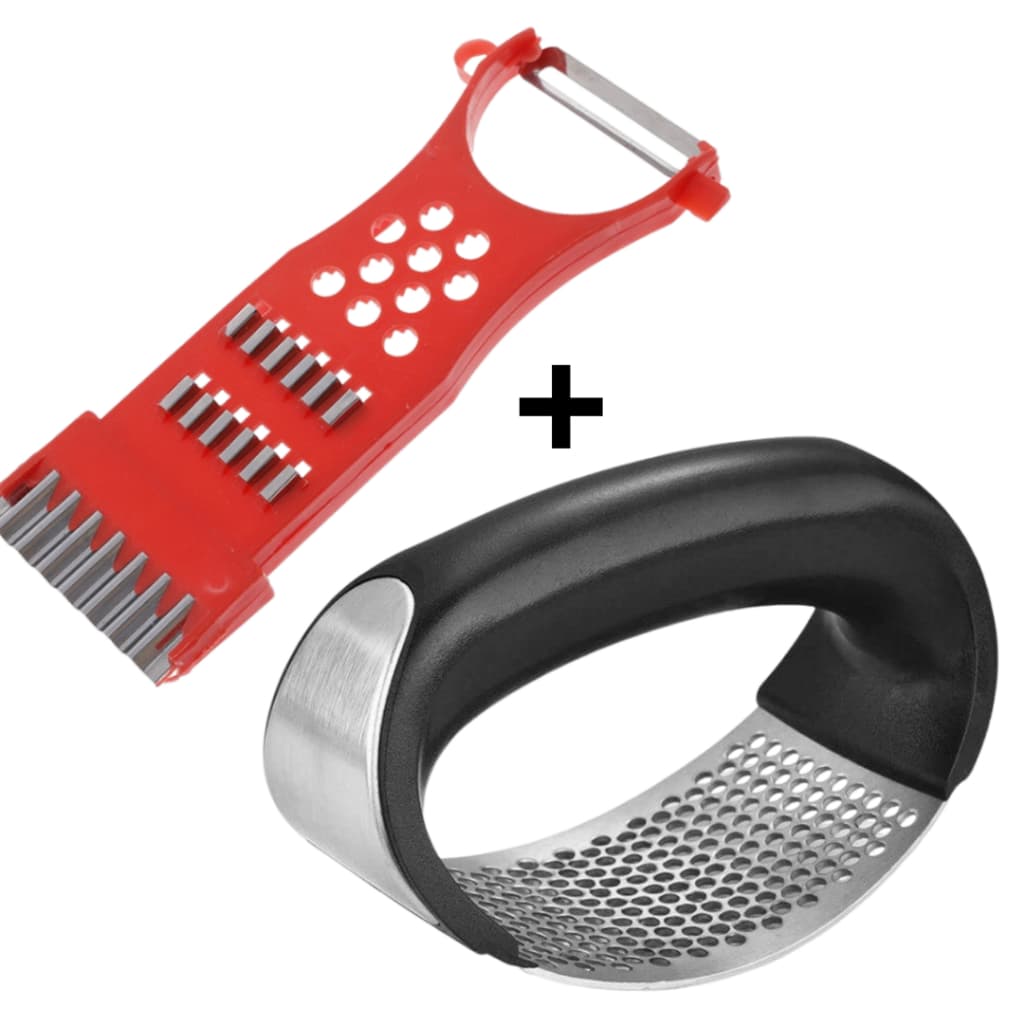Kit Descascador Triturador Fatiador Ralador de Legumes Queijos Frutas + Espremedor Amassador Triturador De Alho Inox Manual Cozinha Garlic Press