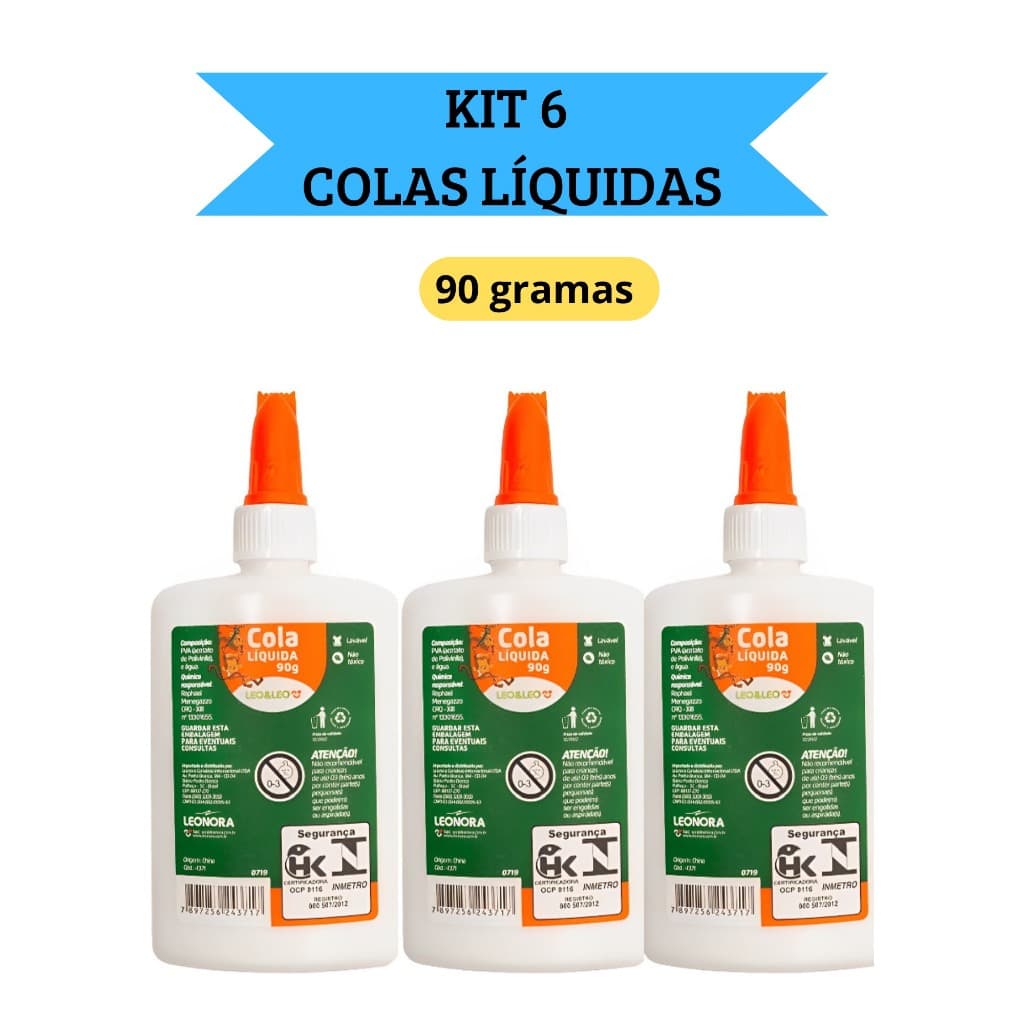 Kit 6 Cola Líquida Branca Escolar 90g com espátula Leo&Leo