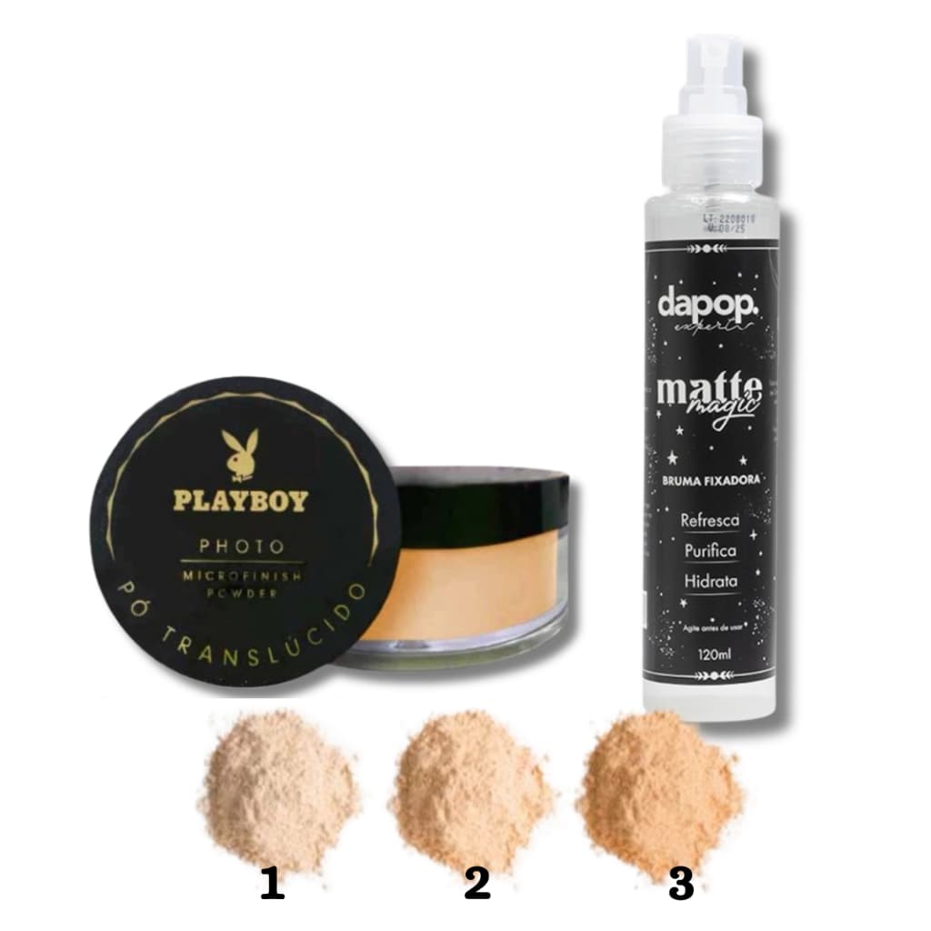 Kit Pó Solto Finalizador Microfinish Powder Playboy + Bruma Fixadora Matte Dapop ou Miss Rosê