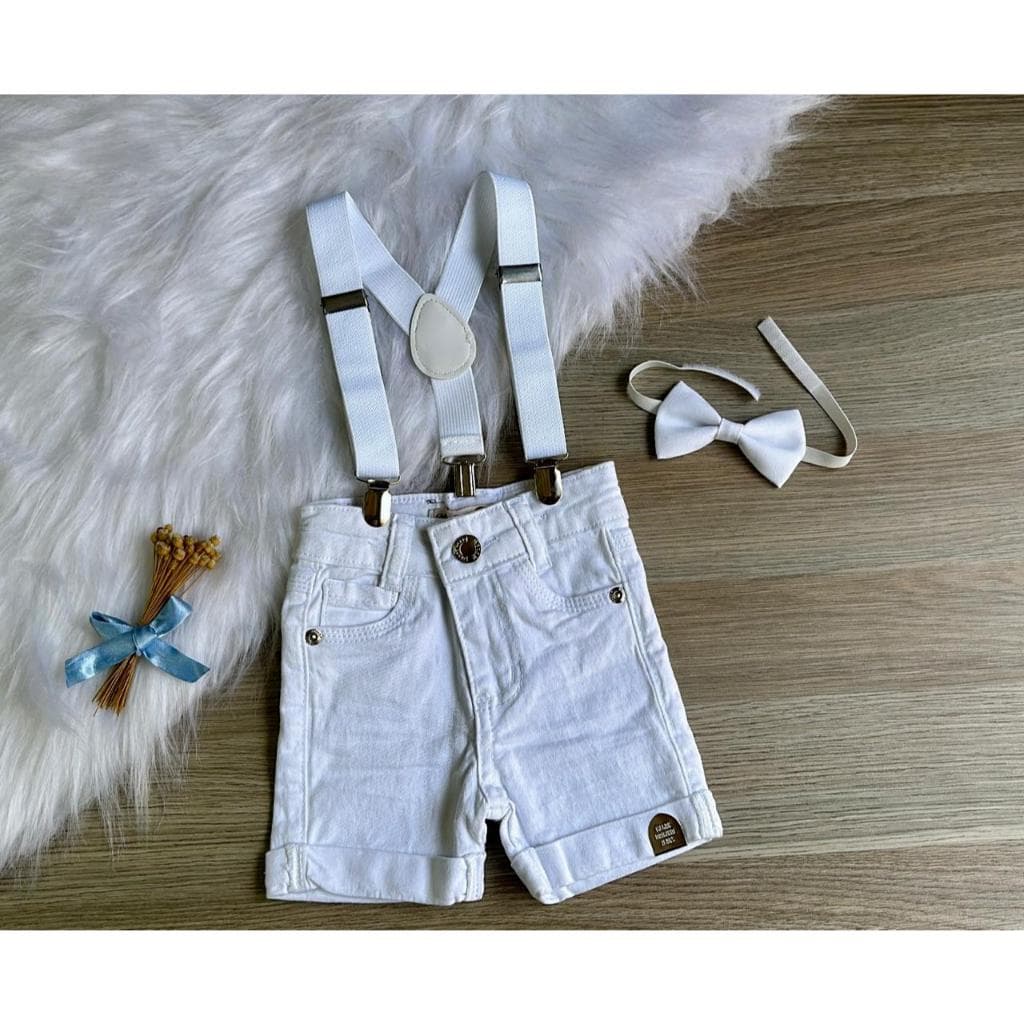 Bermuda Branca infantil Batizado Masculino Bebê Menino e Juvenil Com Kit Gravata e Suspensórios