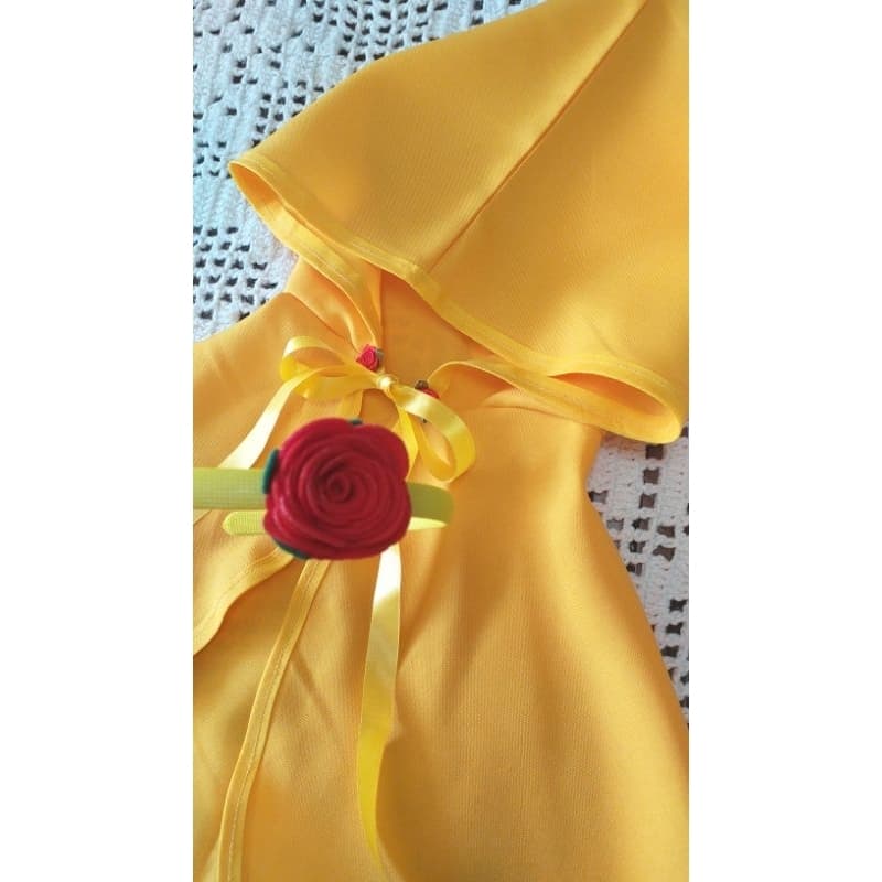 Capa Bela com tiara rosa vermelha- Bela e Fera - Infantil