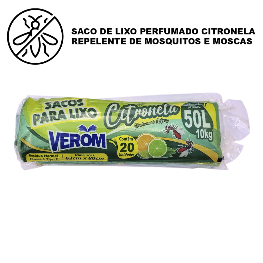 Saco de Lixo Perfumado Citronela 50L 20 Unidades Anti Odores com Repelente de Moscas e Mosquitos