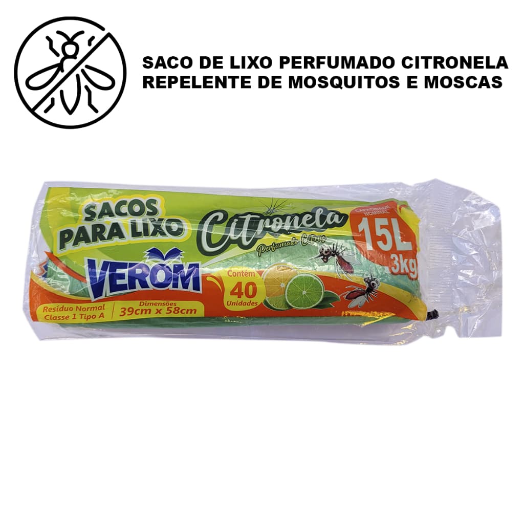 Saco de Lixo Perfumado Citronela 15L 40 Unidades Anti Odores com Repelente de Moscas e Mosquitos