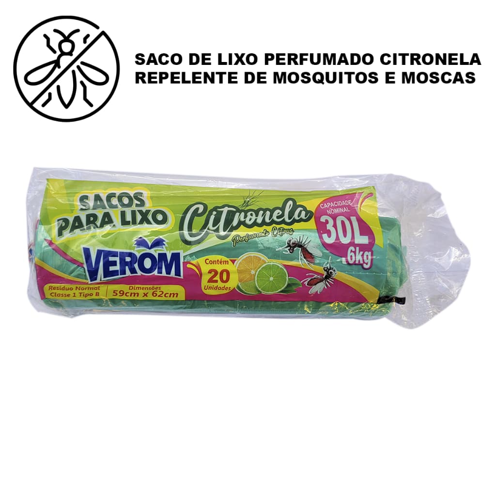 Saco de Lixo Perfumado Citronela 30L 20 Unidades Anti Odores com Repelente de Moscas e Mosquitos