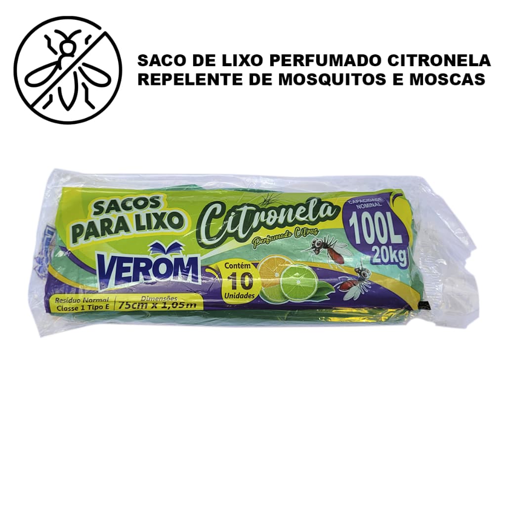 Saco de Lixo Perfumado Citronela 100L 10 Unidades Anti Odores com Repelente de Moscas e Mosquitos