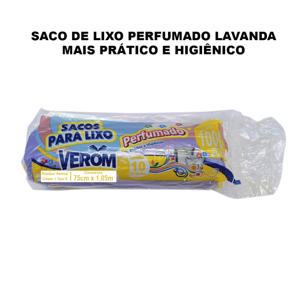 Saco de Lixo Perfumado Lavanda 100L 10 Unidades Anti Odores mais Prático e Higiênico