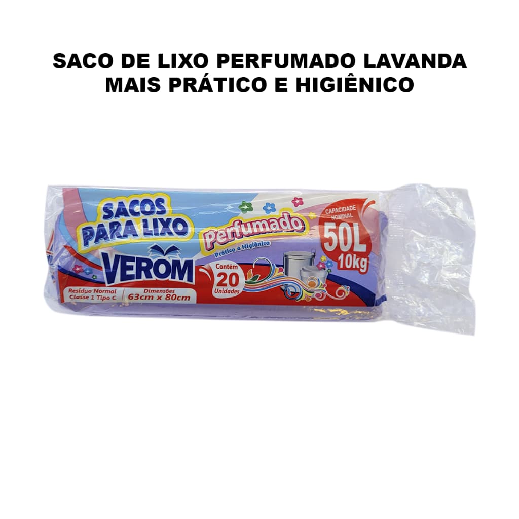 Saco de Lixo Perfumado Lavanda 50L 20 Unidades Anti Odores mais Prático e Higiênico