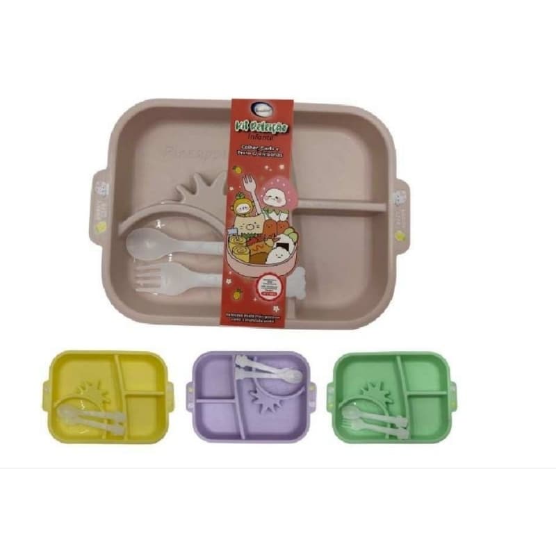 Kit Prato com Divisórias Alimentação Bebê Infantil Criança com Talher de Refeição1