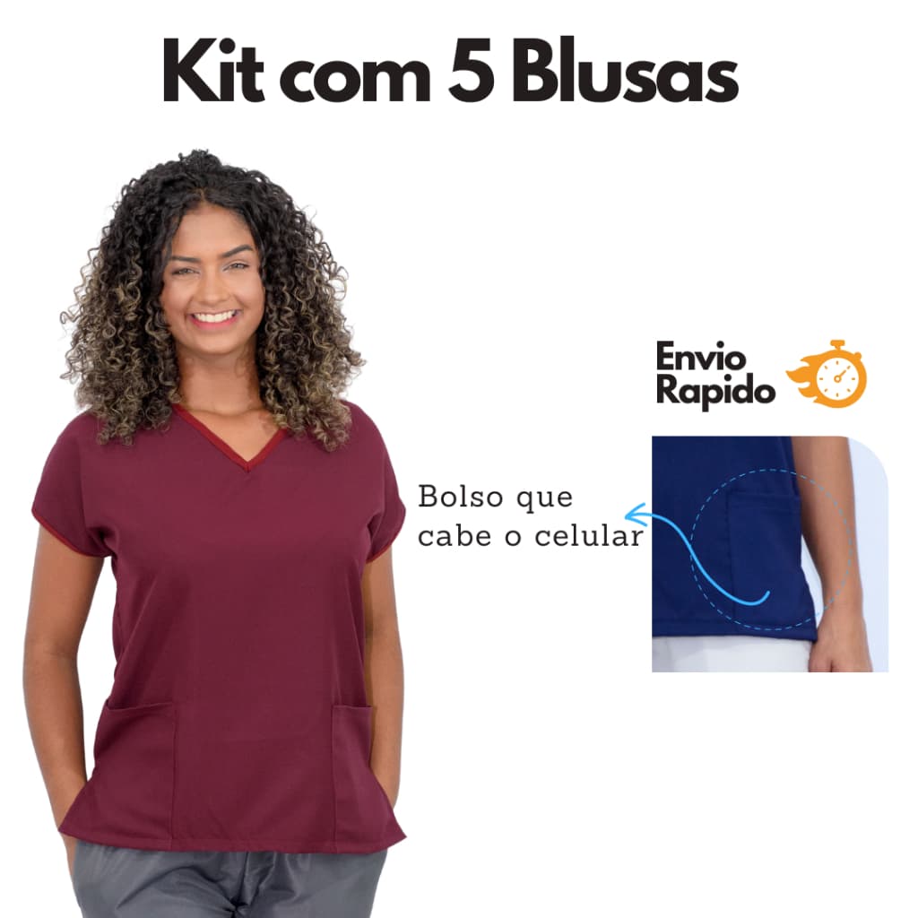 KIT C/5 - Blusa Uniforme Cuidadora Enfermagem