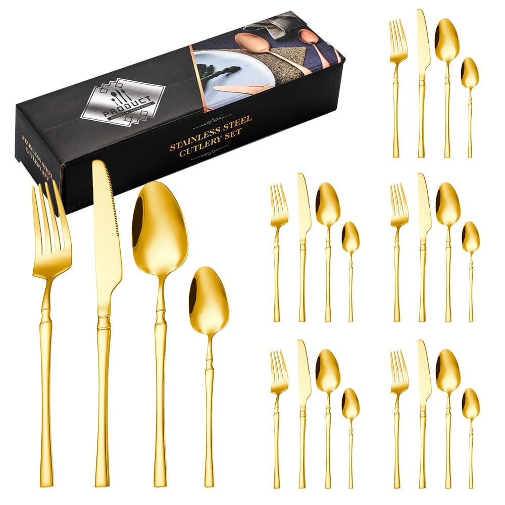 Kit 24 Jogo De Talheres Aço Inoxidável 416 Cintura Fina Dourado