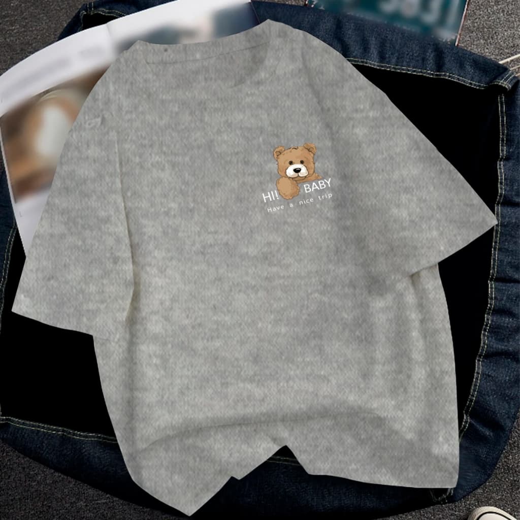 Blusa Cinza Oversized Camiseta Estampa Hi Baby Have A Nice Trip Amor Boa Viagem Ursinho Fofo T Shir