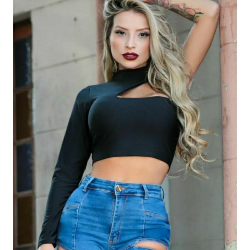 Blusa Cropped Ombro Só Manga Longa Decotado com Gola Alta