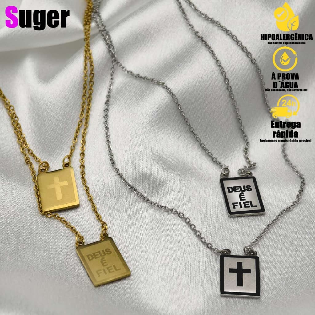 Escapulário Deus é Fiel de masculina feminina Aço Inox Cruz Dourada e Prata, Aço Inoxidável 316L