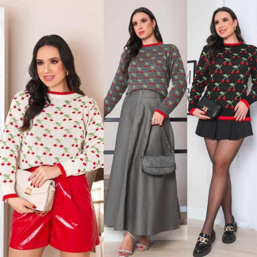 zhangmomas  Suéter Cereja Feminino Moda Outono e Inverno  tamanho: tamanho único