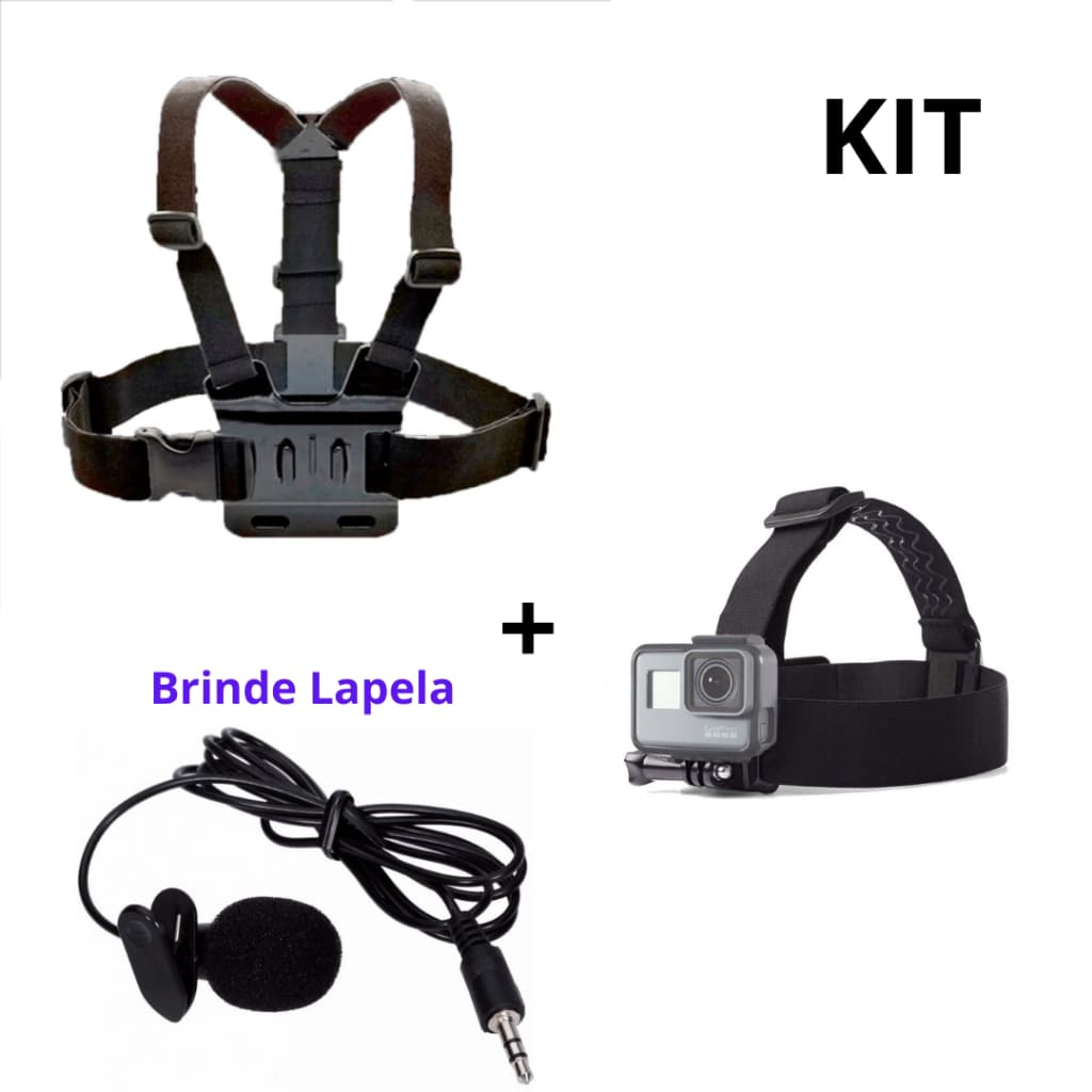 Kit Gopro Suporte Peitoral + Cabeça Go Pro Hero Mount Sjcam Gocam Atrio Action Cam Eken + Microfone De Lapela Profissional P/ Celular Android- IOS- Notebook
