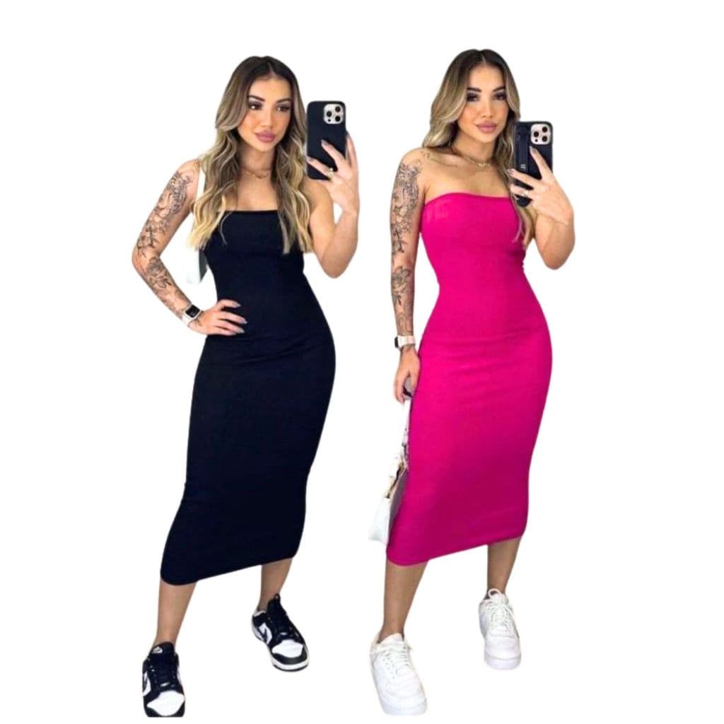 Kit 2 Vestido Feminino Midi Tomara que Caia Canelado Elegância e Ousadia Unidas em uma Peça