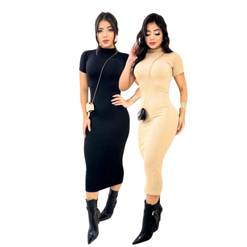 Kit 2 Vestido Feminino Midi Canelado com Manga Elegância e Ousadia em uma Peça