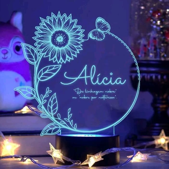 Luminária LED 7 cores RGB Girassol Nome Personalizado, Criança, Decoração, Bebê, Acrílico, Floral, Flores, Menina