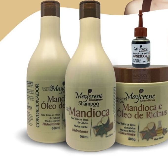 Kit Mandioca Nutri e Fortalece Maycrene 4 Produtos Shampoo, Condicionador, Másc e Reparador 30ml )