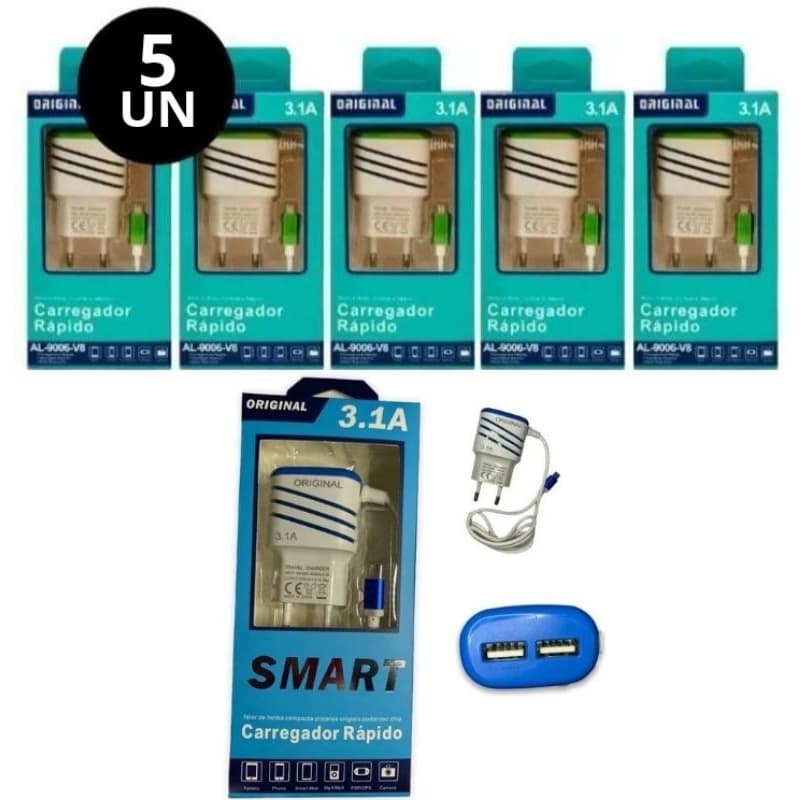 kit 5 Carregadores Turbo Celular Ultra Rápido 3.1A V8 Micro USB 2 Entrada Android Portátil
