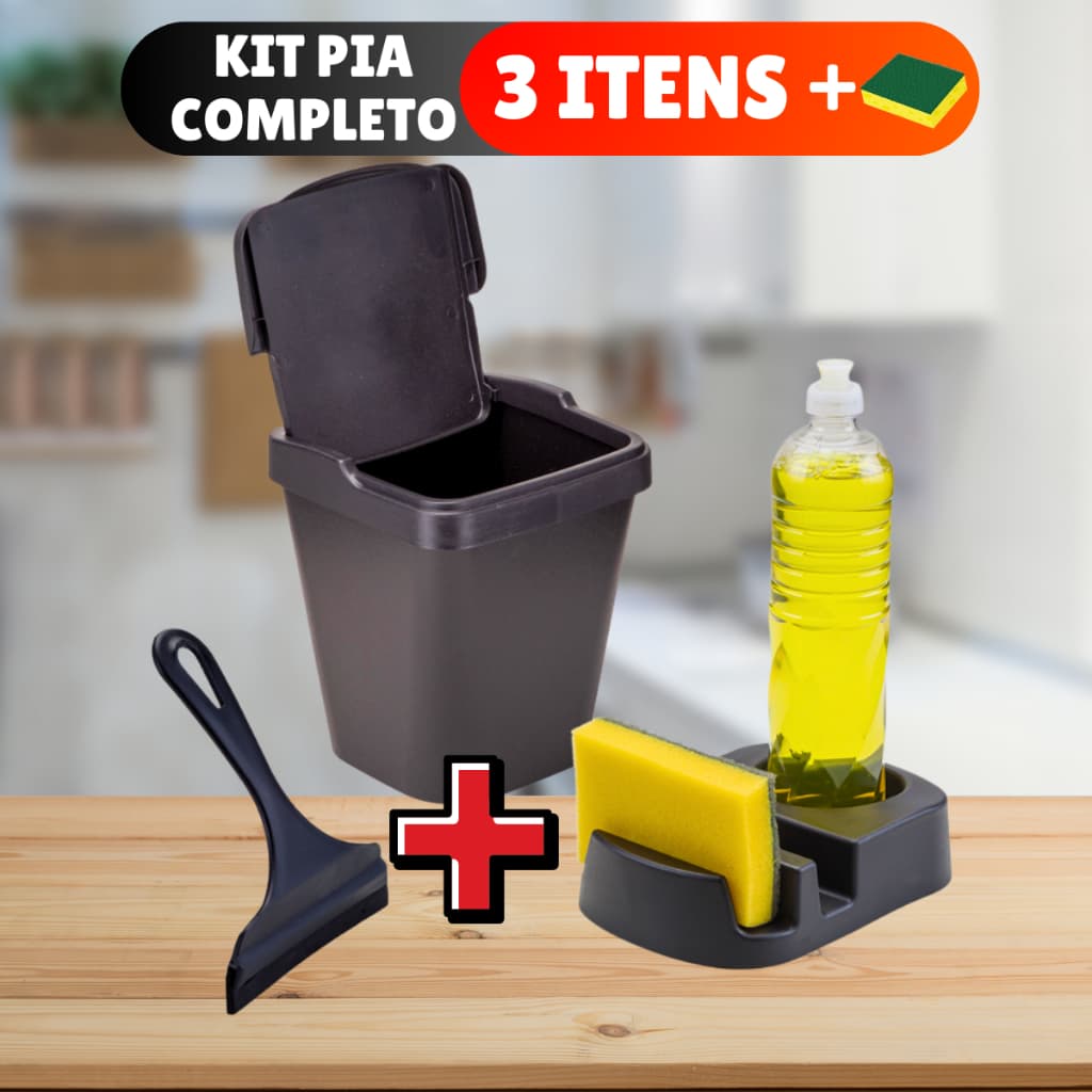 KIT Lixeira Rattan 5L Preta com Tampa + Porta Detergente + Rodinho de pia Kit com 3 peças