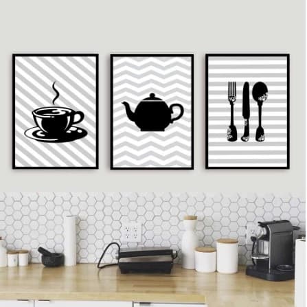 Quadros Decorativos Para Cozinha Bule Talheres Xícara Café Preto 3 Peças 20x30cm