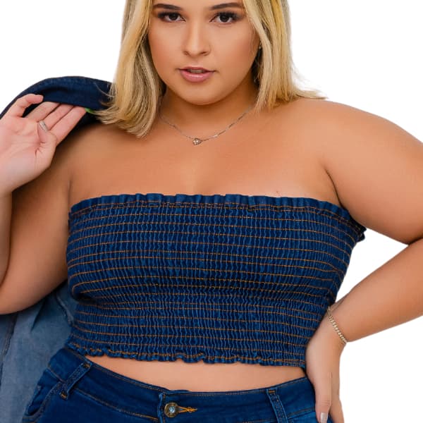 CROPPED TOP JEANS ELASTICO TOMARA QUE CAIA ATE O TAMANHO PLUS SIZE
