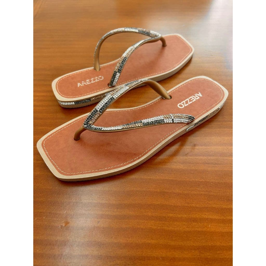 Rasteirinha Sandalia Arezzo Chinelo Strass Pedraria Colorida Glitter Brilho Bico Quadrado Feminina