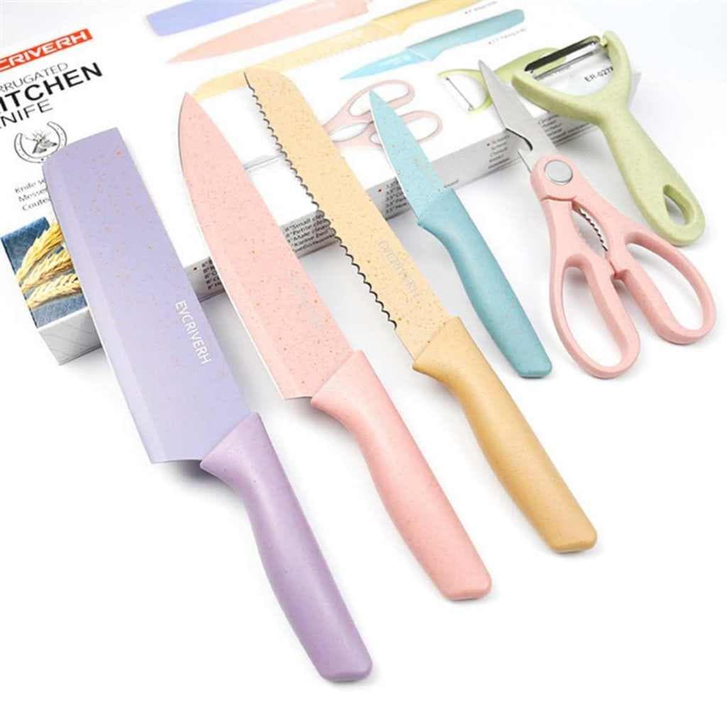Kit de Conjunto Facas Coloridas Tesoura Descascador Cozinha Gourmet 6 Peças