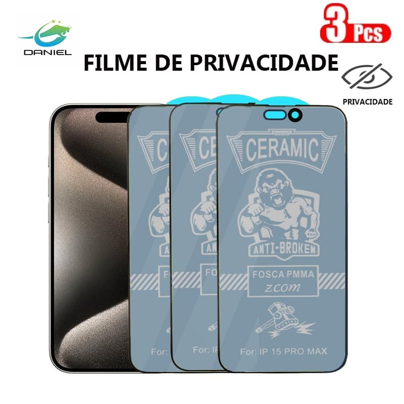 Daniel KIT 3 Película cerâmica de privacidade 9D/3D IPhone 11 XR 6 7 8 12 8plus 13 14 15 Pro Max Película protetora