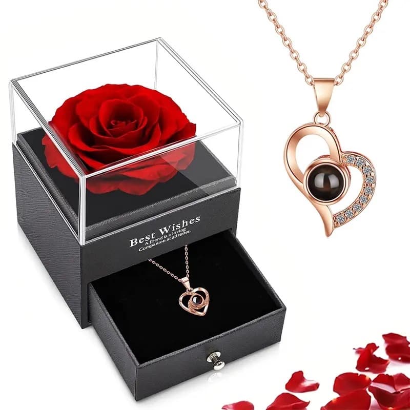 Caixa de joias com rosa + colar te amo escrito em 100 idiomas + mensagem personalizada