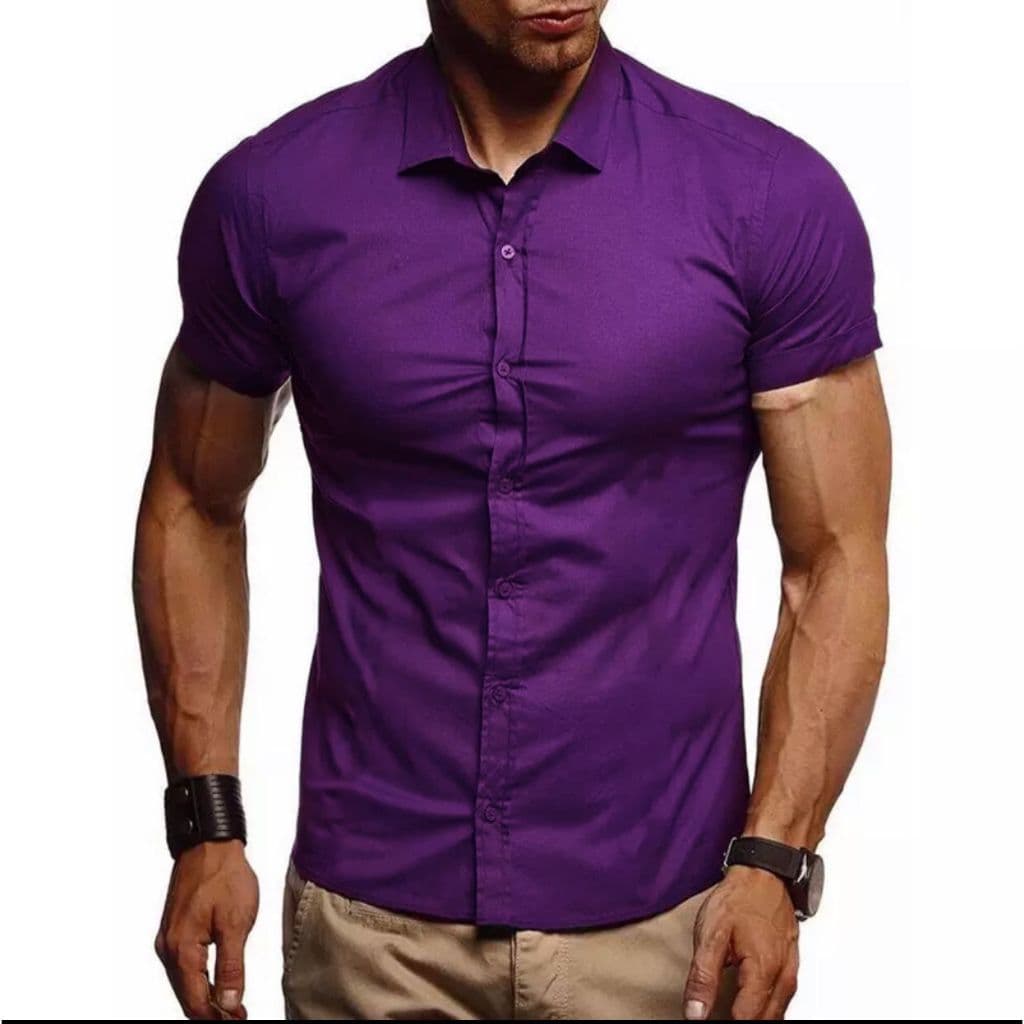 Camisa Masculina Manga Curta Slim Fit Luxo Roxo Pronta Entrega