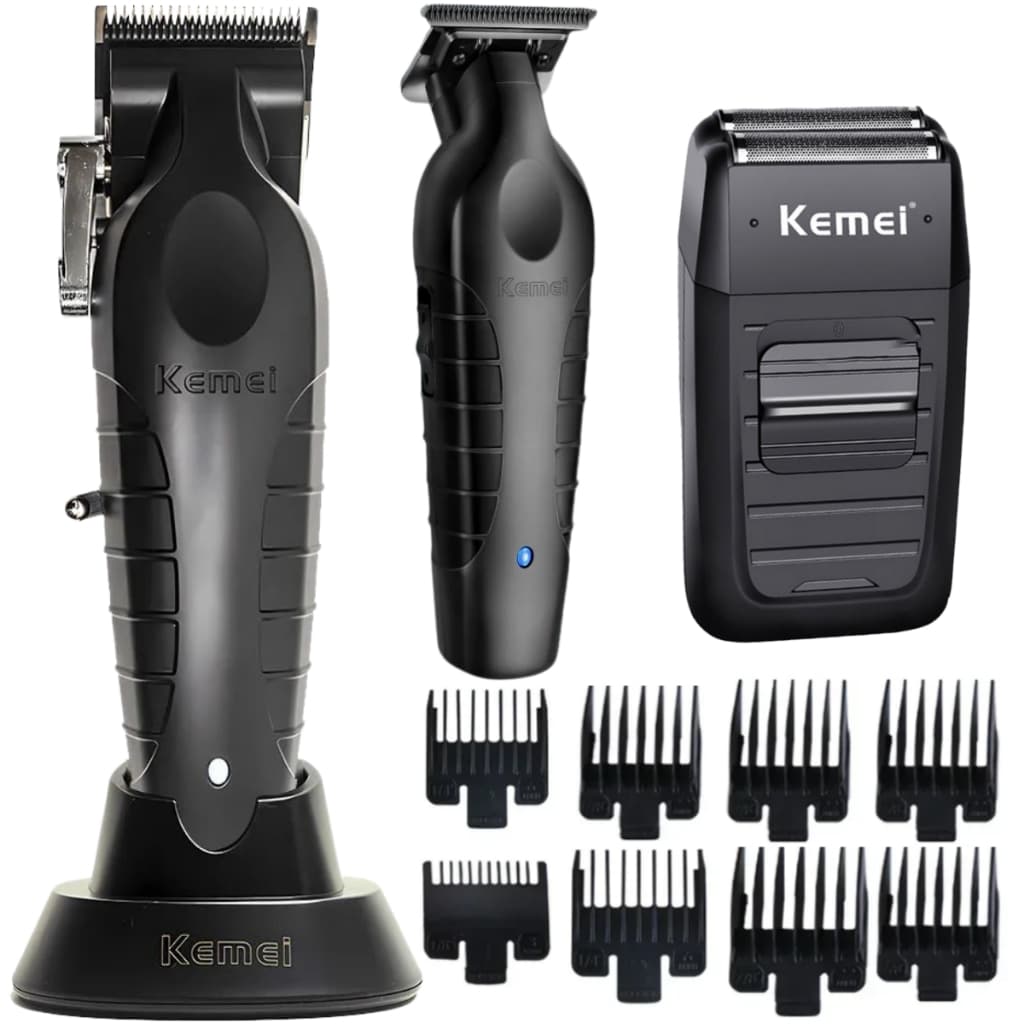 Kit Maquina Cortar Cabelo Acabamento e Shaver Kit Kemei Black Corta Cabelo e Fazer Pezinho KM2296 KM2299 KM1102 Barbeiro e Cabeleireiro Maquinas Corte