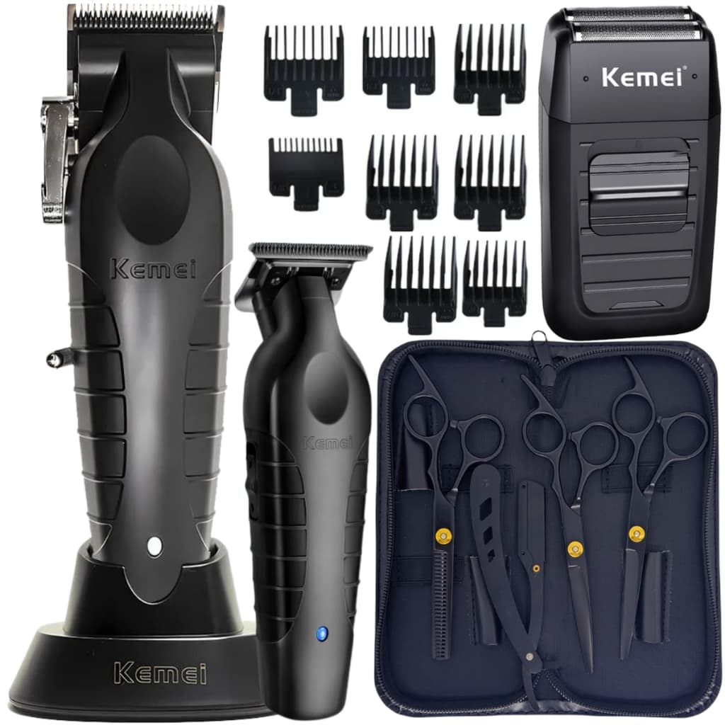 Kit Maquina Cortar Cabelo com Tesoura Barbeiro Profissional Tesouras Cabeleireiro Maquinas de Acabamento e Shaver Tesoura Fio Laser Fio Navalha Desfiadeira Desbaste Navalhete