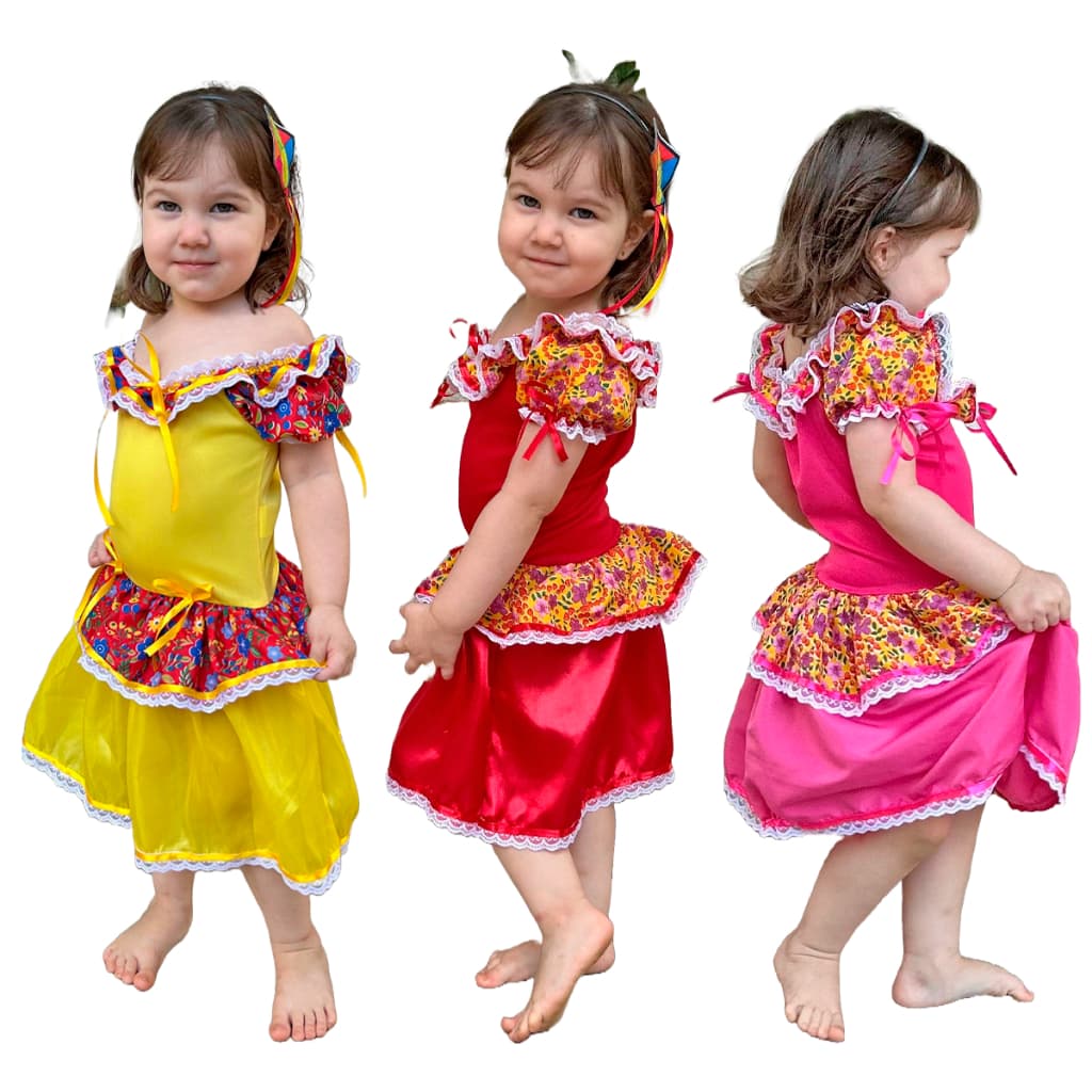 Vestido Festa Junina Infantil Fantasia Menina Rosa Vermelho Amarelo Rendinha