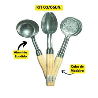 Conjunto 03/06 Talheres Cozinha Alumínio Fundido C/ Cabo de Madeira Escumadeira + Concha + Colher
