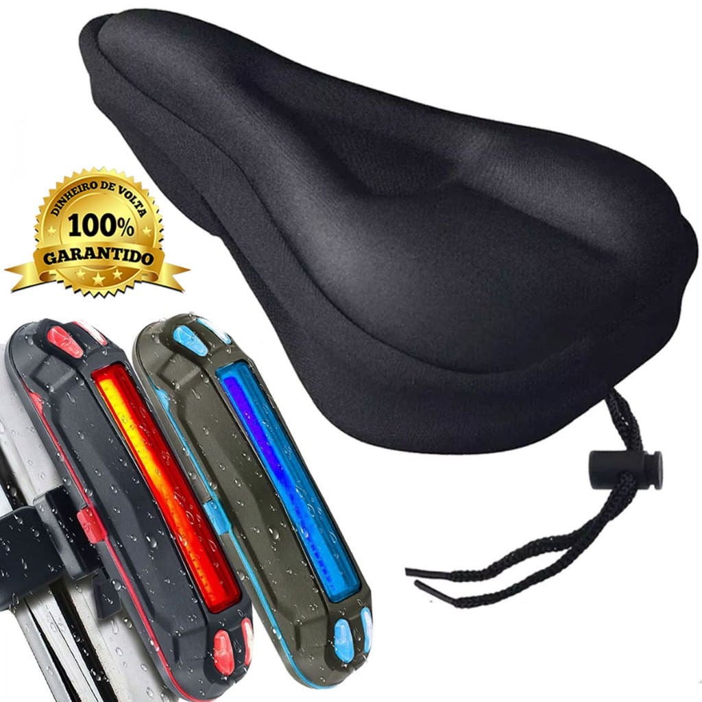 Capa de Banco Flexível Selim Silicone Gel Para Bicicleta Anatômica + Sinalizador Lanterna Traseira Bike Led Recarregável Usb Pisca