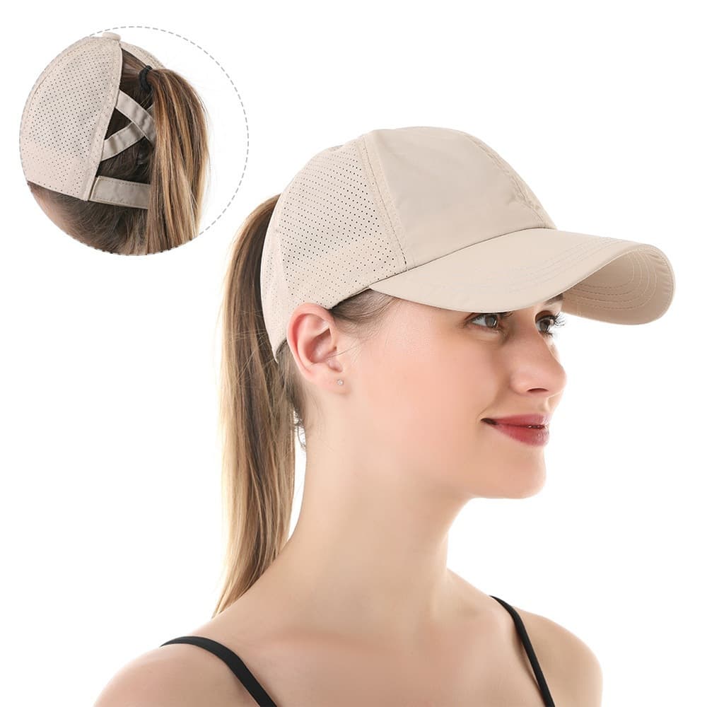 Boné Feminino Rabo De Cavalo Liso Ajustável Tecido Respirável Esporte Aba Curva ref: HYL-37W#
