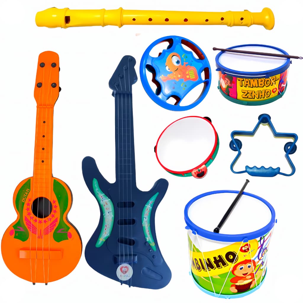 Kit 8 Instrumentos Violão Pandeiro Pandeirola Flauta Tamborzinho Brinquedo Musical Infantil 3 Anos +