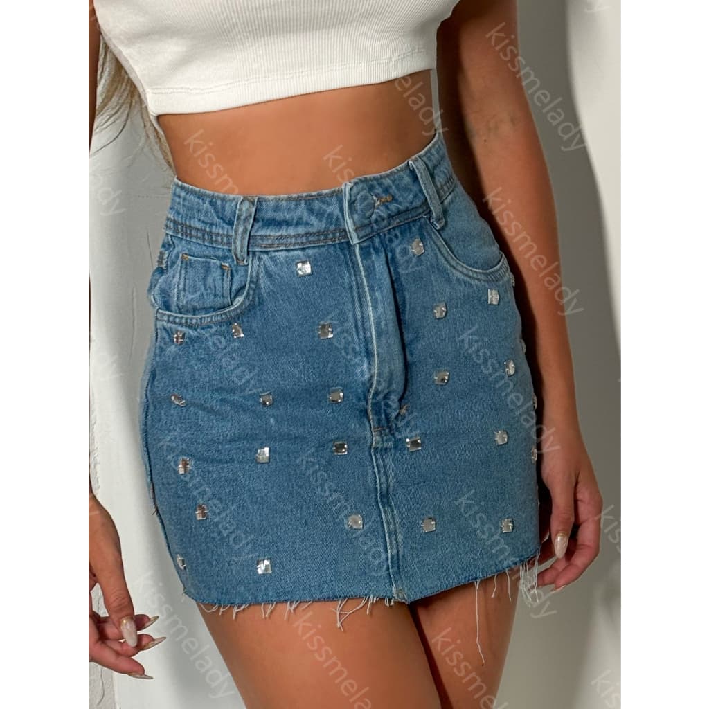 kissmelady 4001saia jeans com brilho feminina saia midi tecido grosso p 38 m 40 g 42 saia 4001