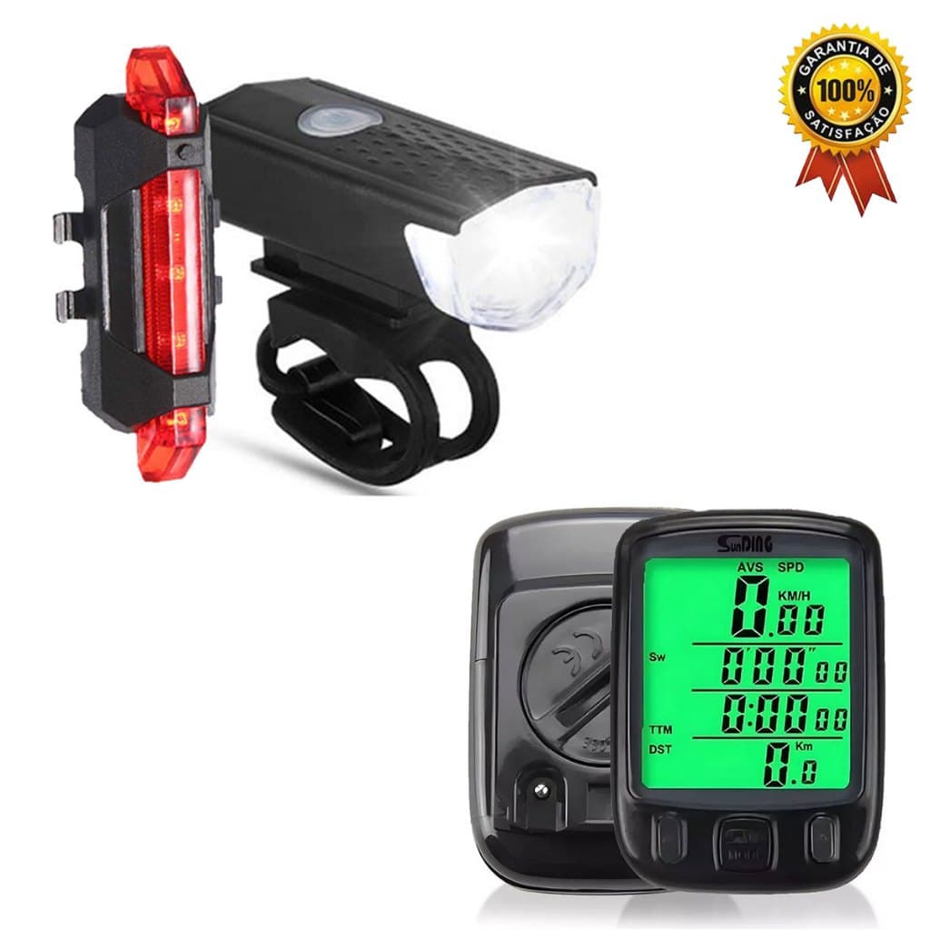 Kit Velocímetro Com Led Bike Ciclismo Lanterna e Farol Bicicleta Bike Luz Ultra Led a Prova D'Água