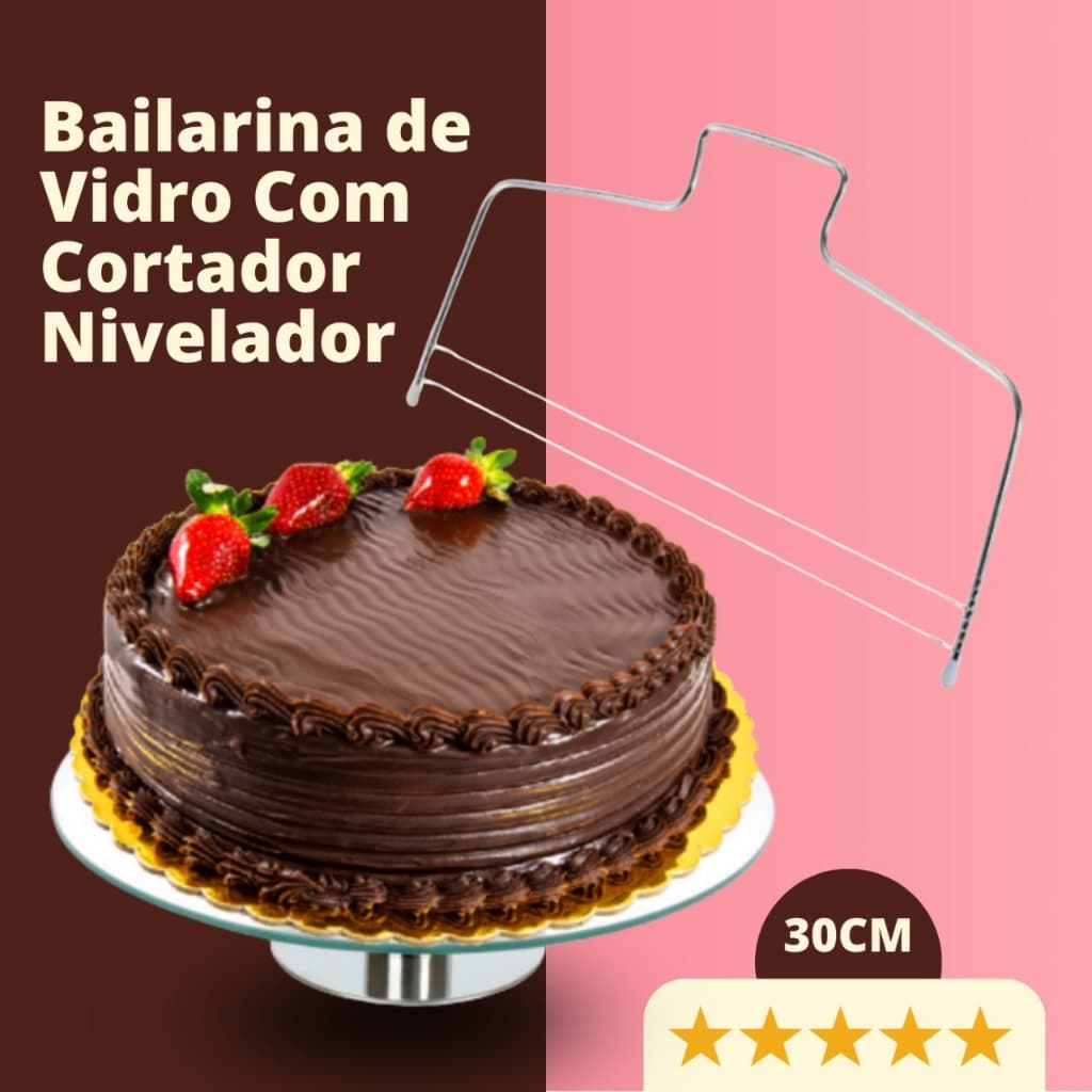 Kit Bailarina de Vidro Giratória Para Confeitar Decorar Bolo Torta 30 cm Com Nivelador Fatiador Cortador De Bolos Camada